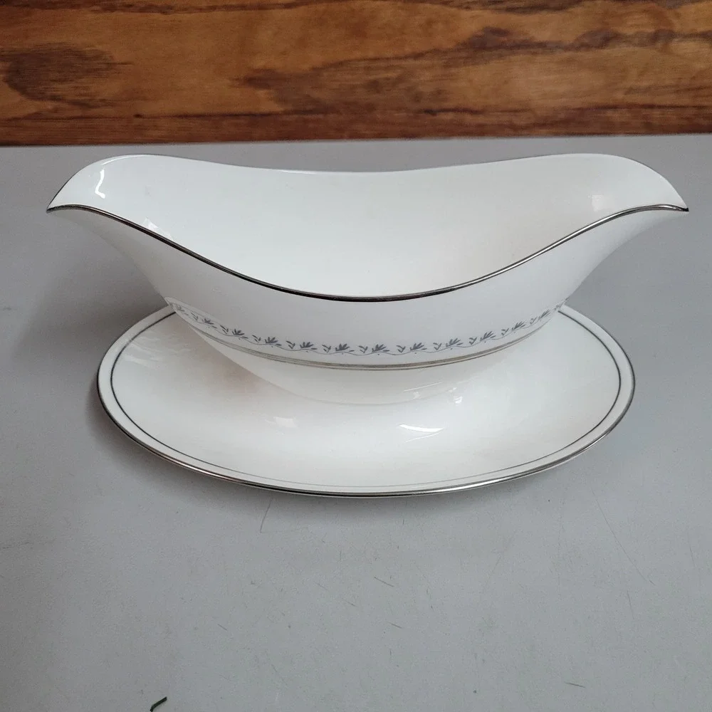 Royal Doulton‎ Tiara Gravy Boat and Saucer Silver Rim English Fine Bone China